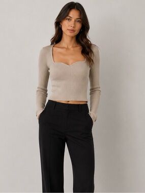 Babaton Neutral Ribbed Square-Neck Long Sleeve Top